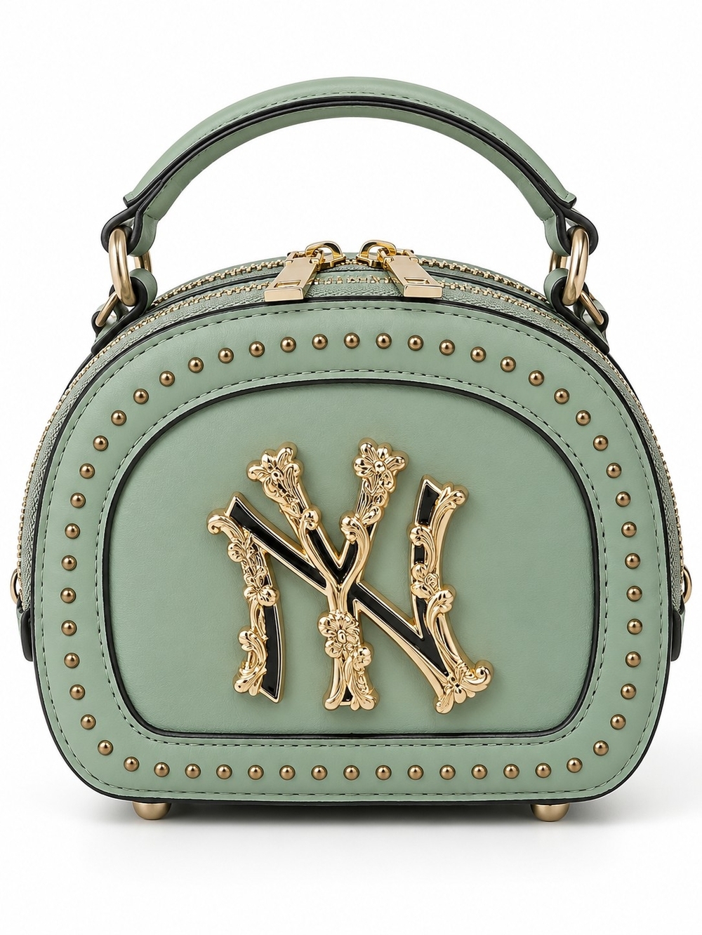 Sage Green Mini Top Handle Bag Gold Tone NY Logo Studded Double Zip Satchel